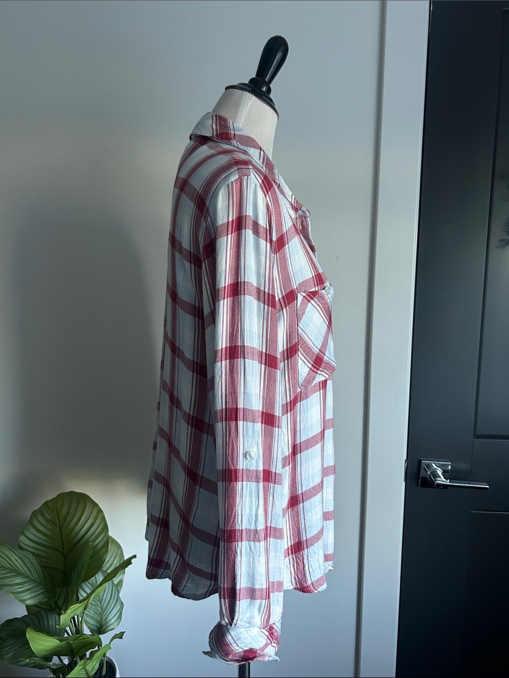 🌹 Sanctuary L Red light blue and White Plaid Button-Up rayon casual Shirt - Picture 3 of 10